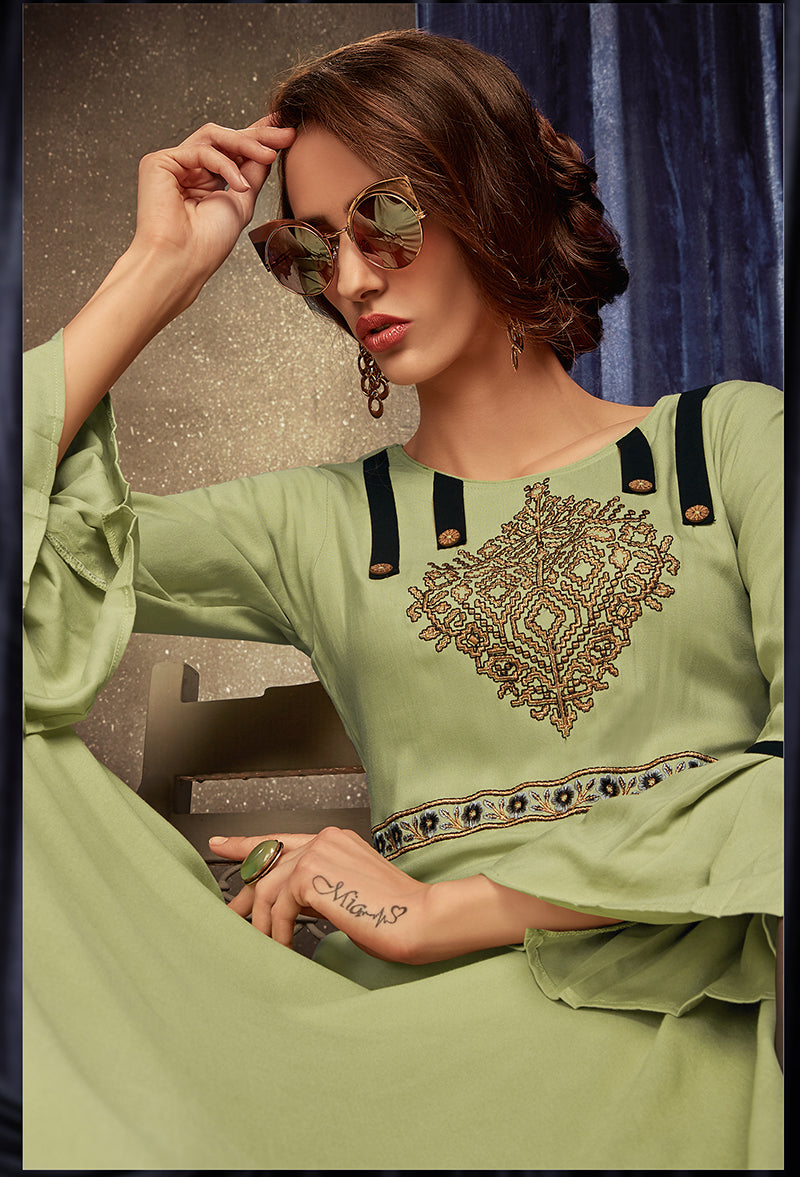 Light green Embroidered Rayon Party Wear Long Gown
