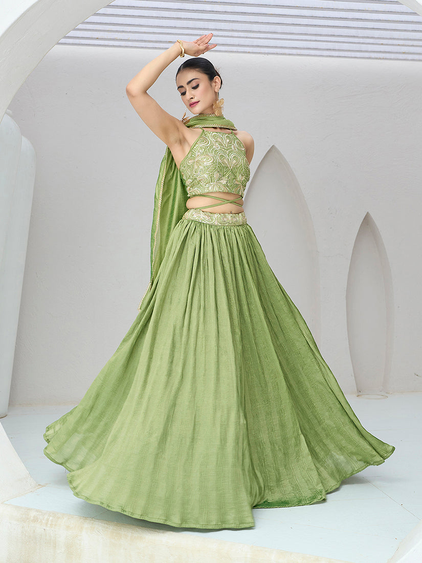 Light Green Festive Look with Silk Crush Lehenga Choli