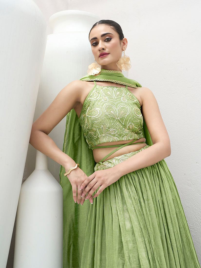 Light Green Festive Look with Silk Crush Lehenga Choli