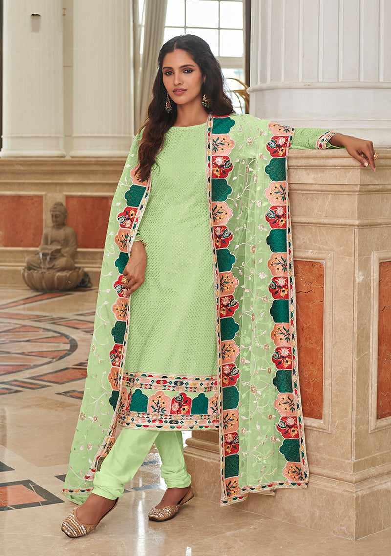 Light Green Georgette Embroidered Churidar Salwar Suit