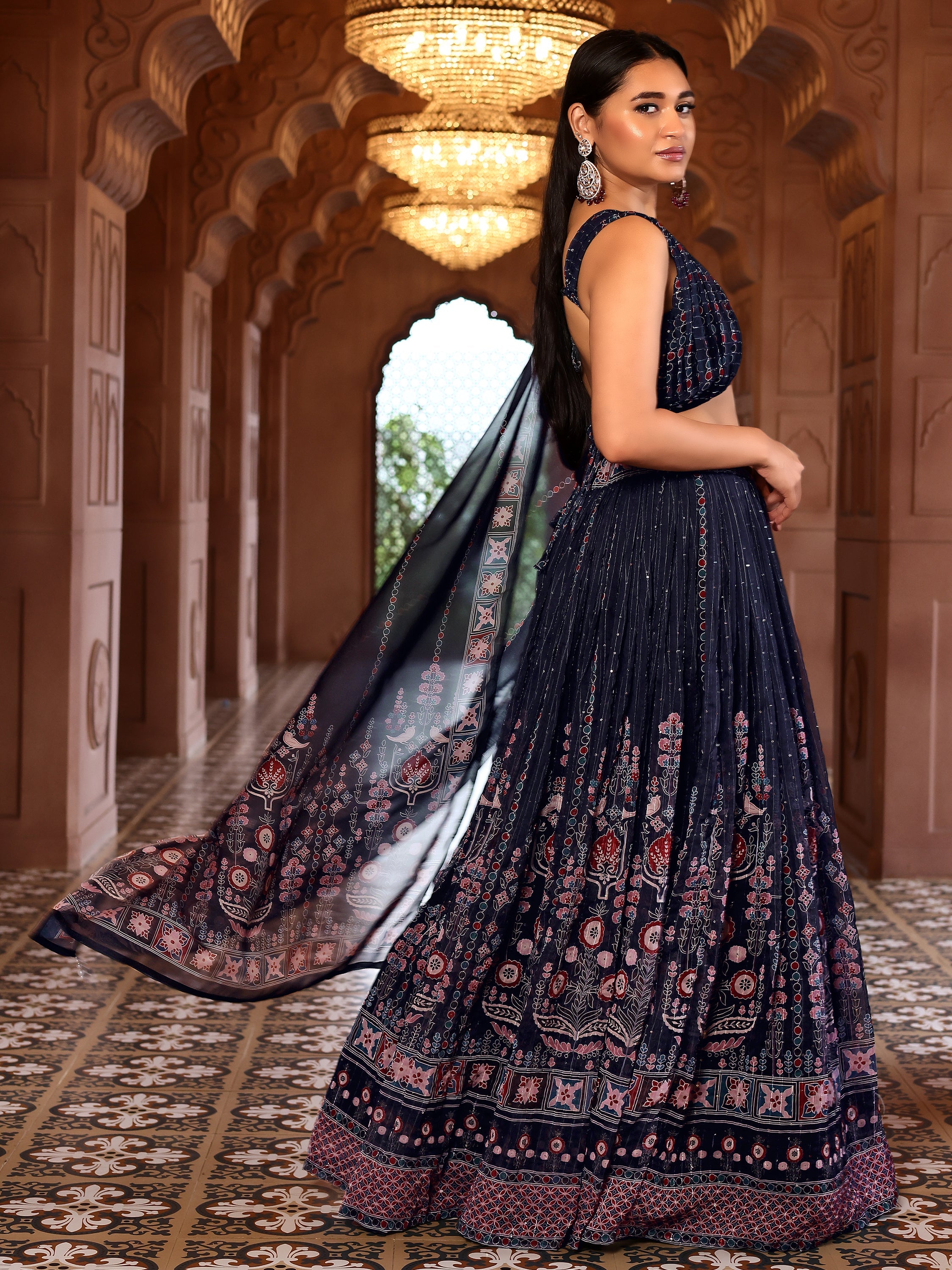 Navy Blue Printed Sequin Chiffon Lehenga Choli