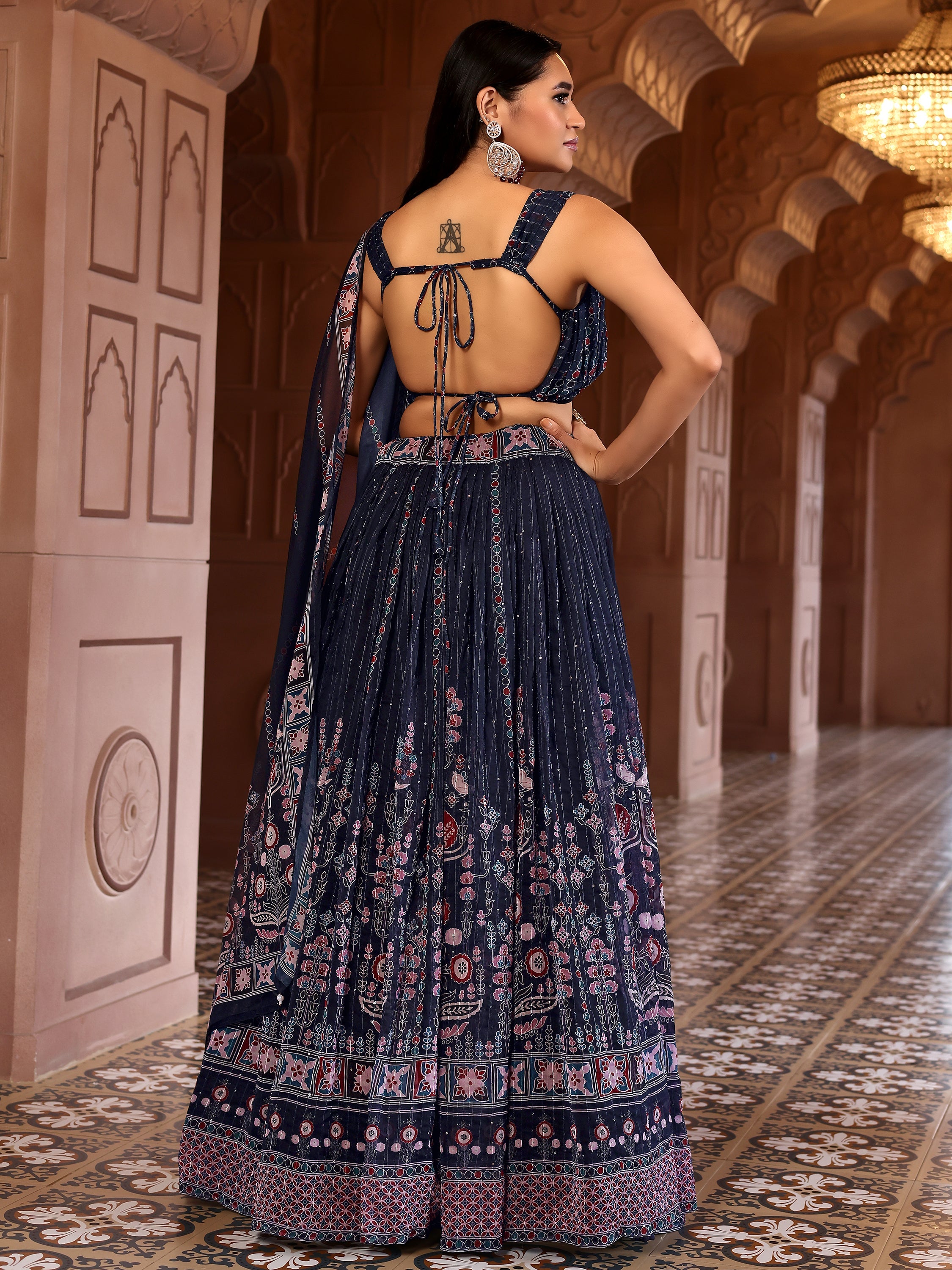 Navy Blue Printed Sequin Chiffon Lehenga Choli