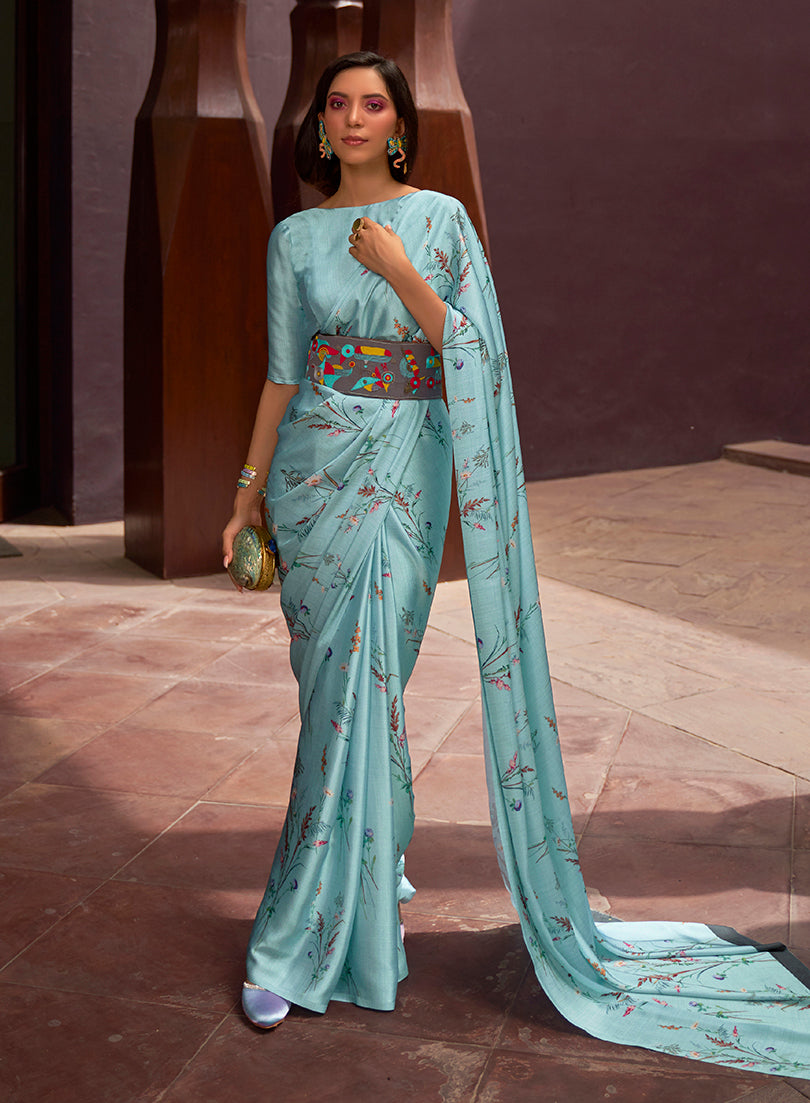Aqua Blue Satin Floral Printed Saree for Summer