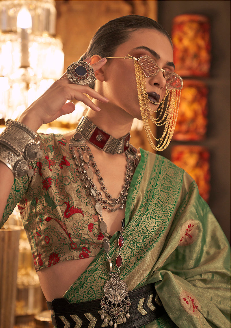 Light Green Shimmery Woven Silk Trendy Saree