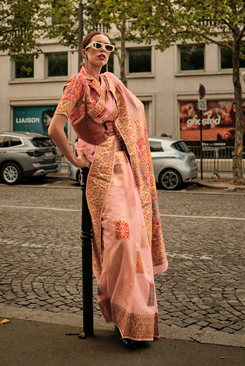 Peach Woven Kashmiri Silk Zari Saree for Festival