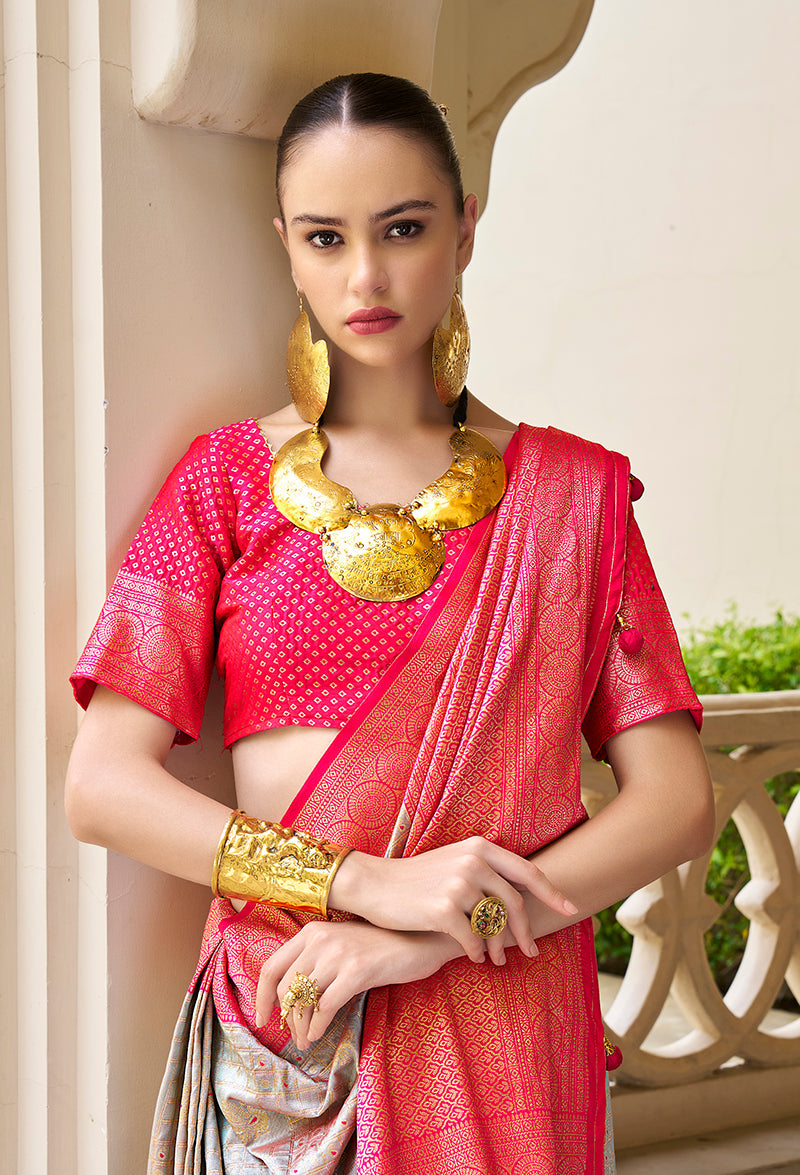 Light Grey Banarasi Silk Weaving Work Saree