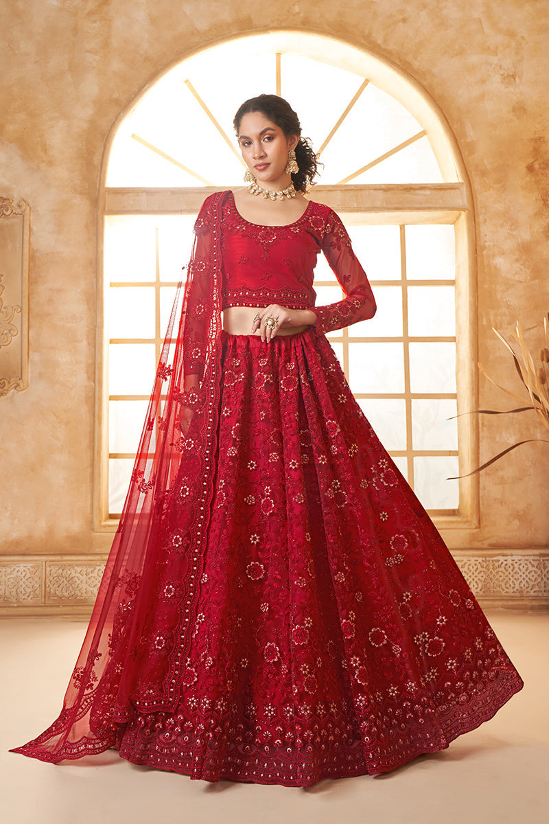 Red Net Embroidered Designer Bridal Lehenga Choli
