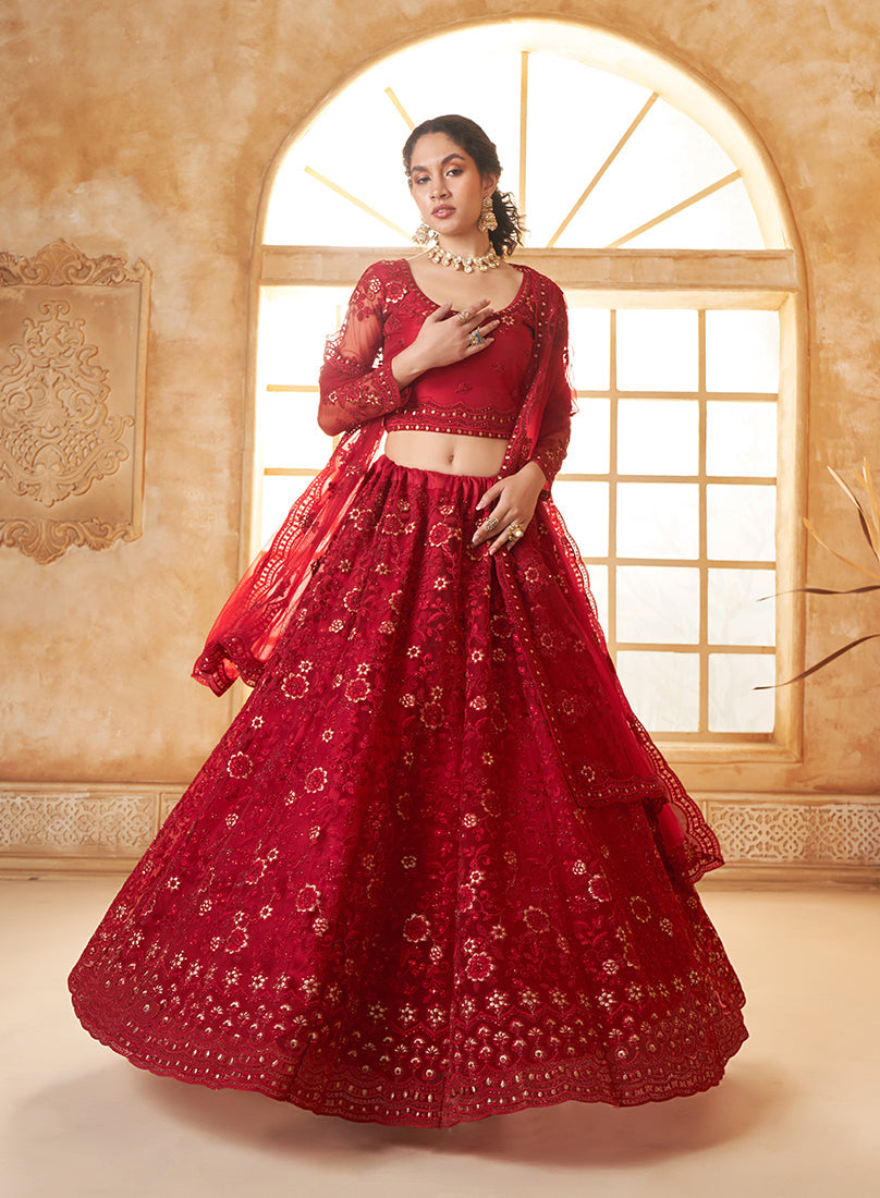 Red Net Embroidered Designer Bridal Lehenga Choli