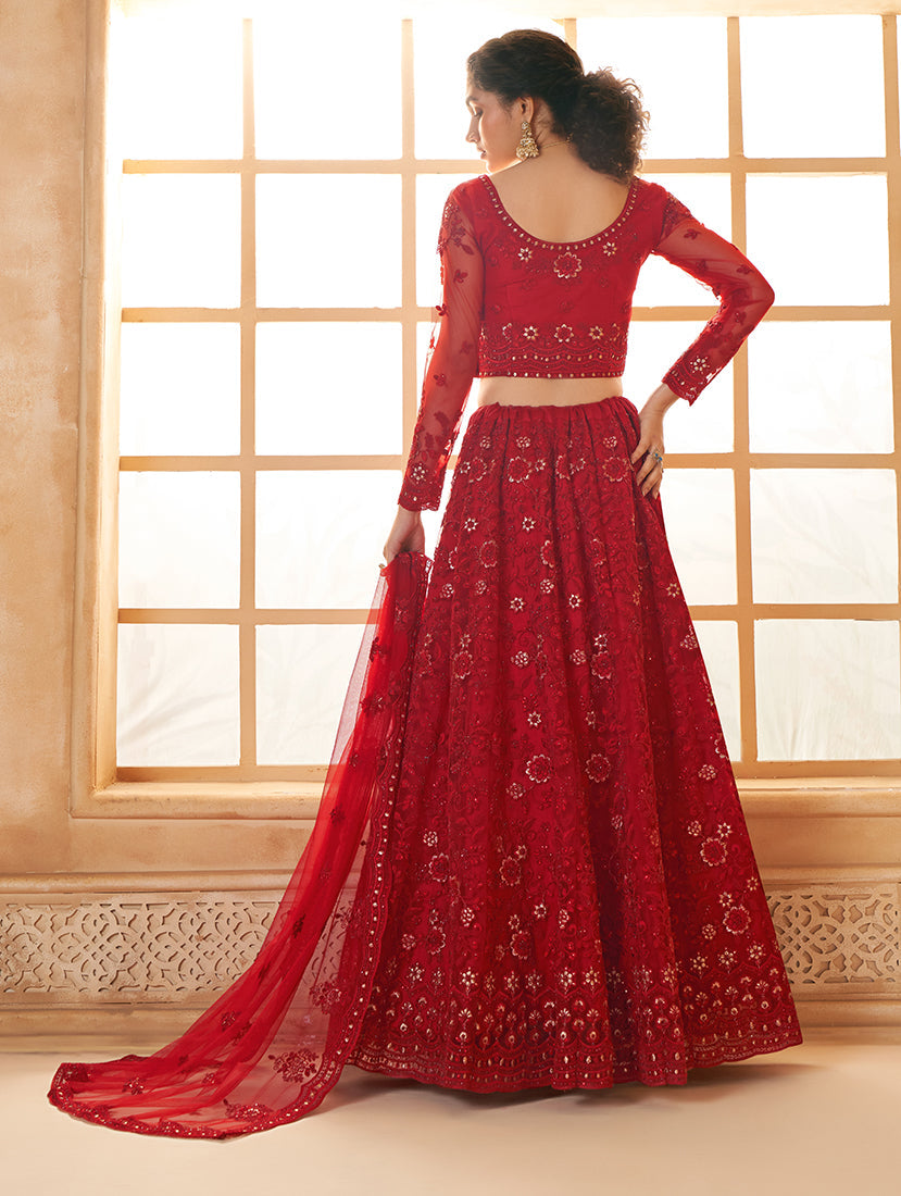 Red Net Embroidered Designer Bridal Lehenga Choli