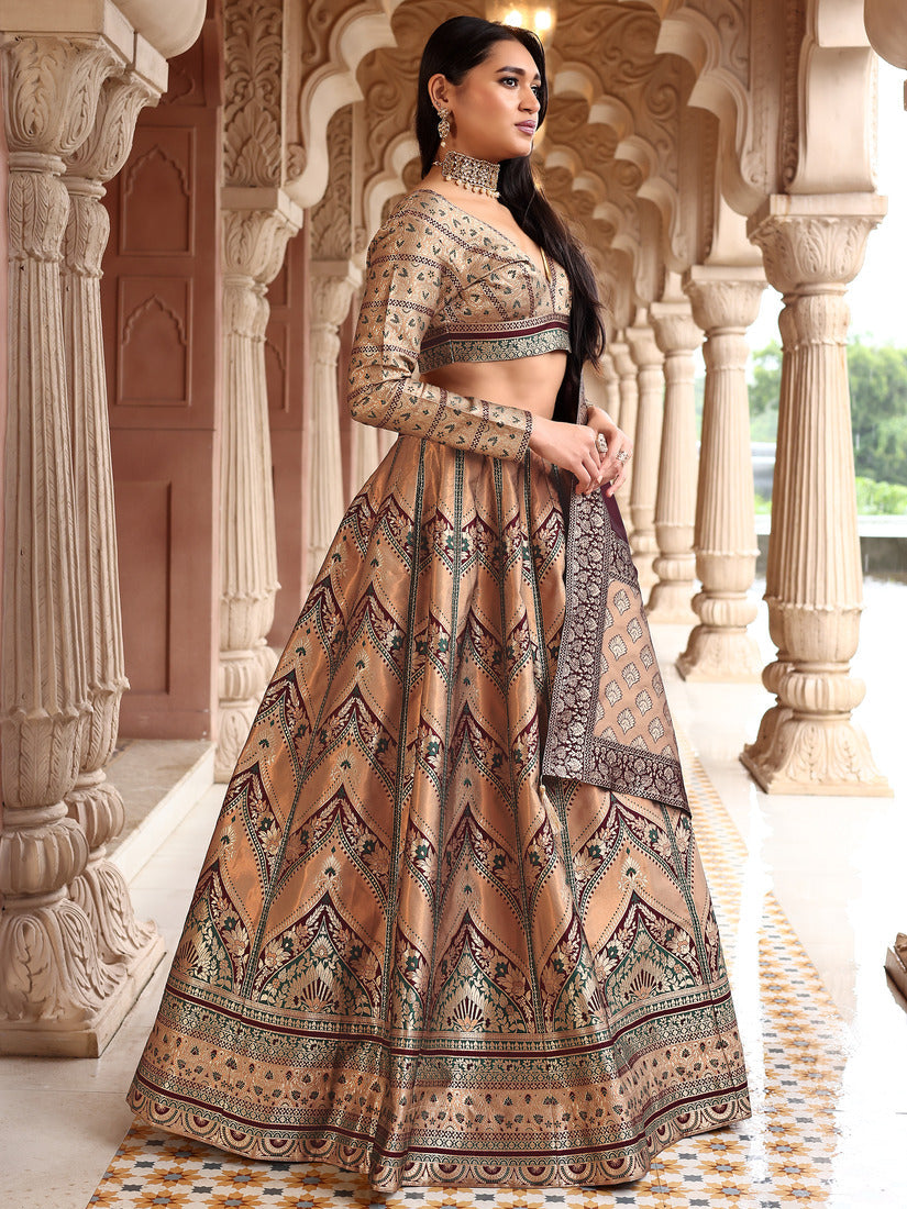 Light Beige Kanjivaram Silk Weaving Work Lehenga Choli