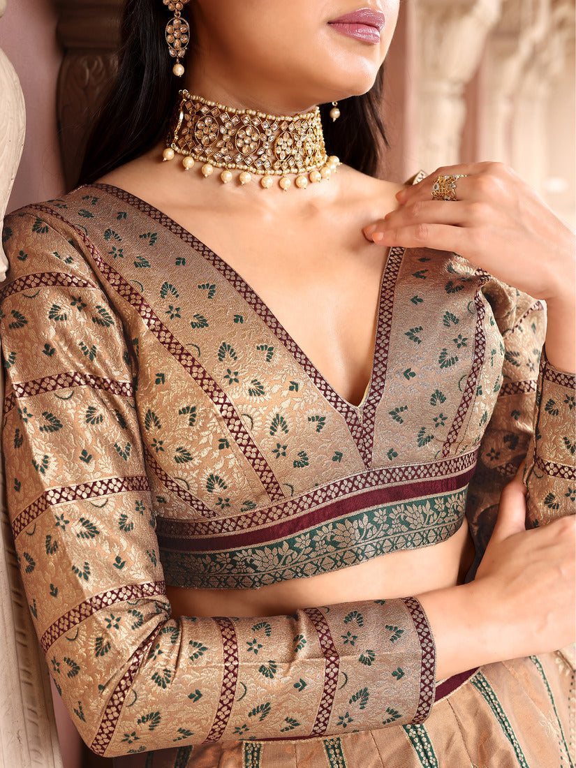 Light Beige Kanjivaram Silk Weaving Work Lehenga Choli