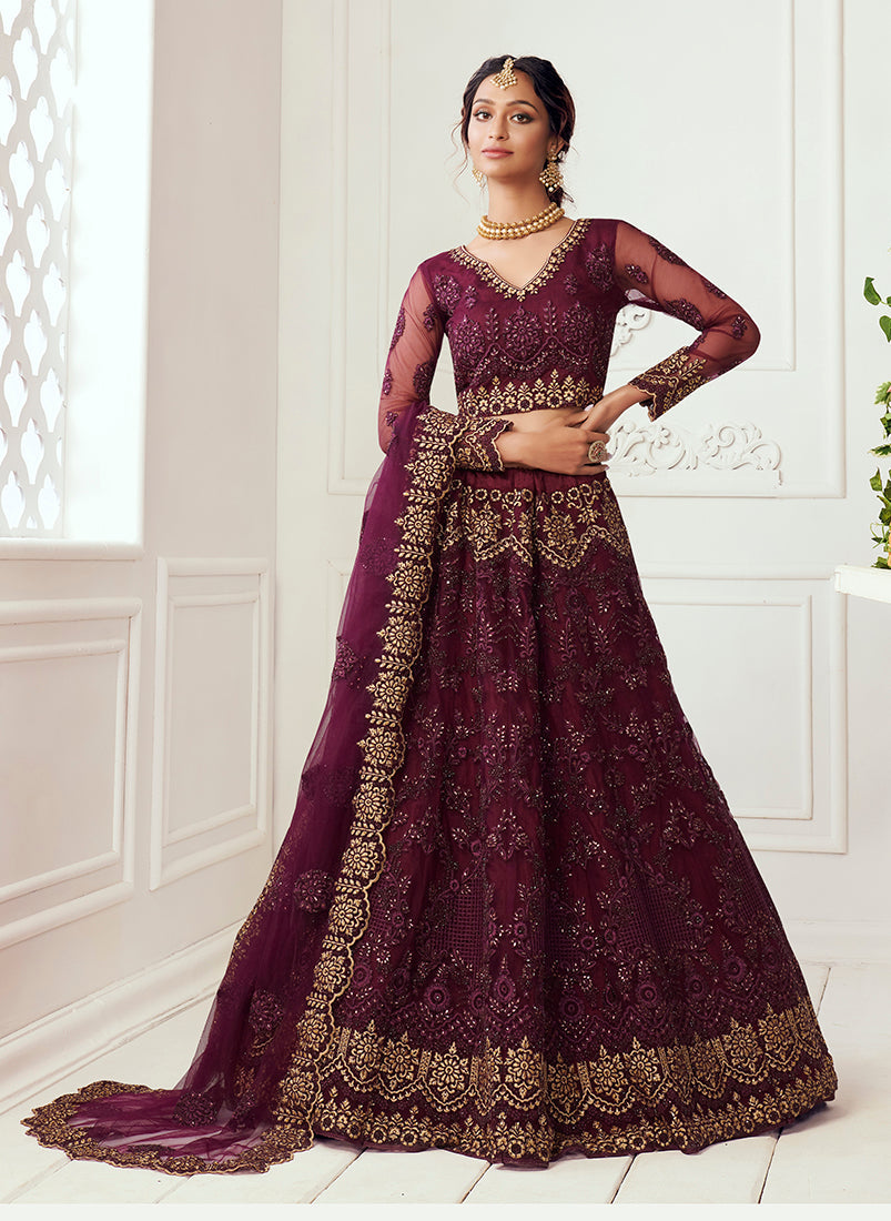 Wine Net Embroidered Designer Party Wear Lehenga Choli