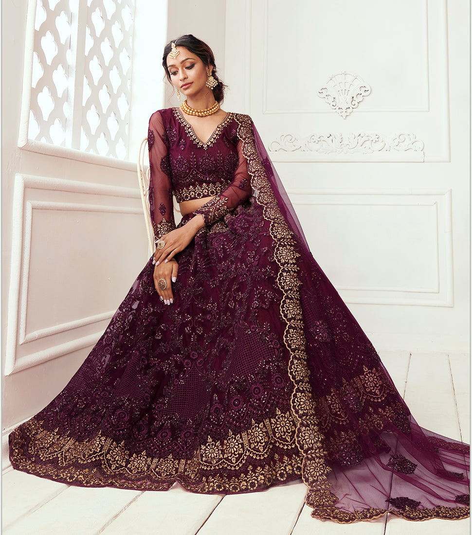 Wine Net Embroidered Designer Party Wear Lehenga Choli