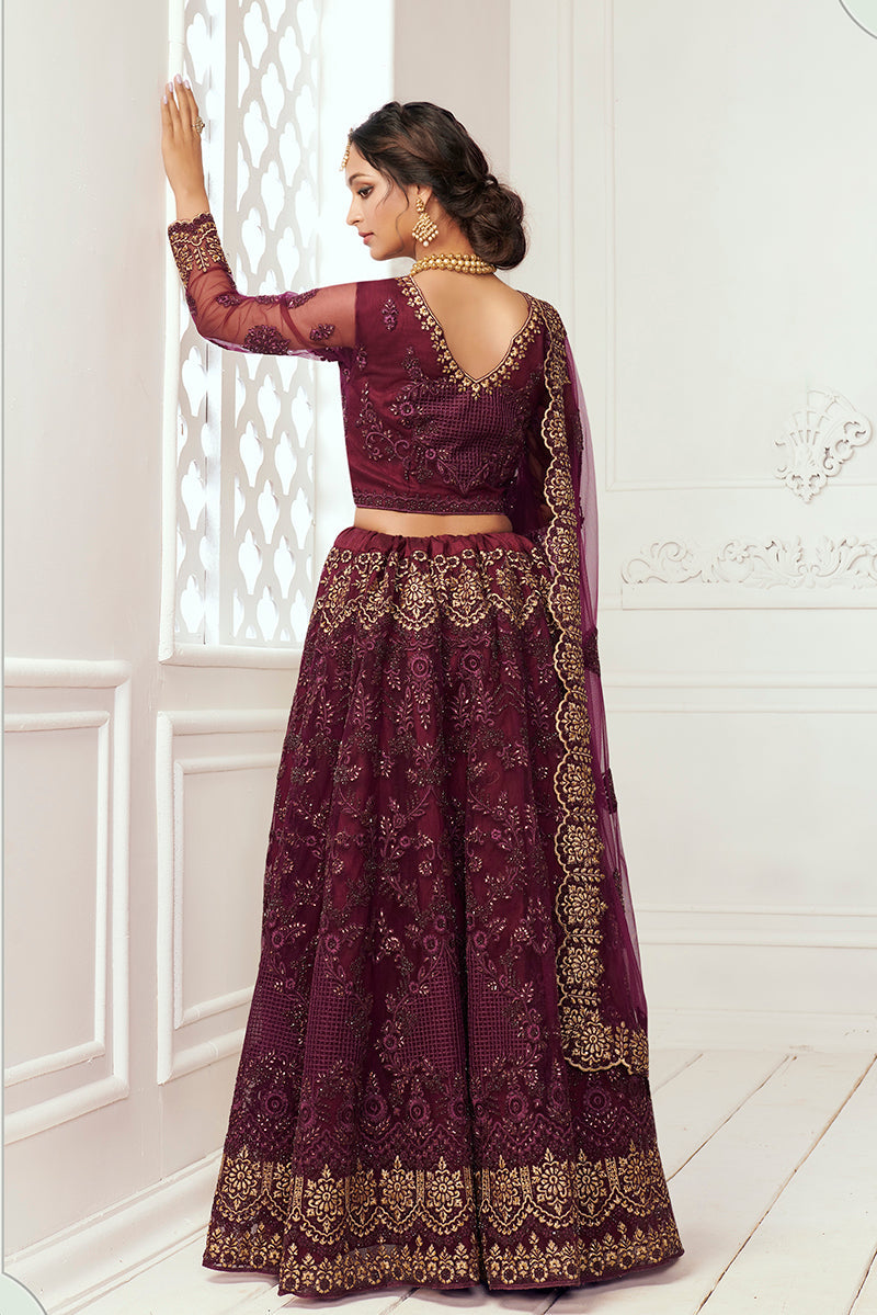 Wine Net Embroidered Designer Party Wear Lehenga Choli