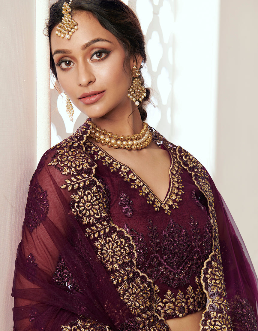 Wine Net Embroidered Designer Party Wear Lehenga Choli