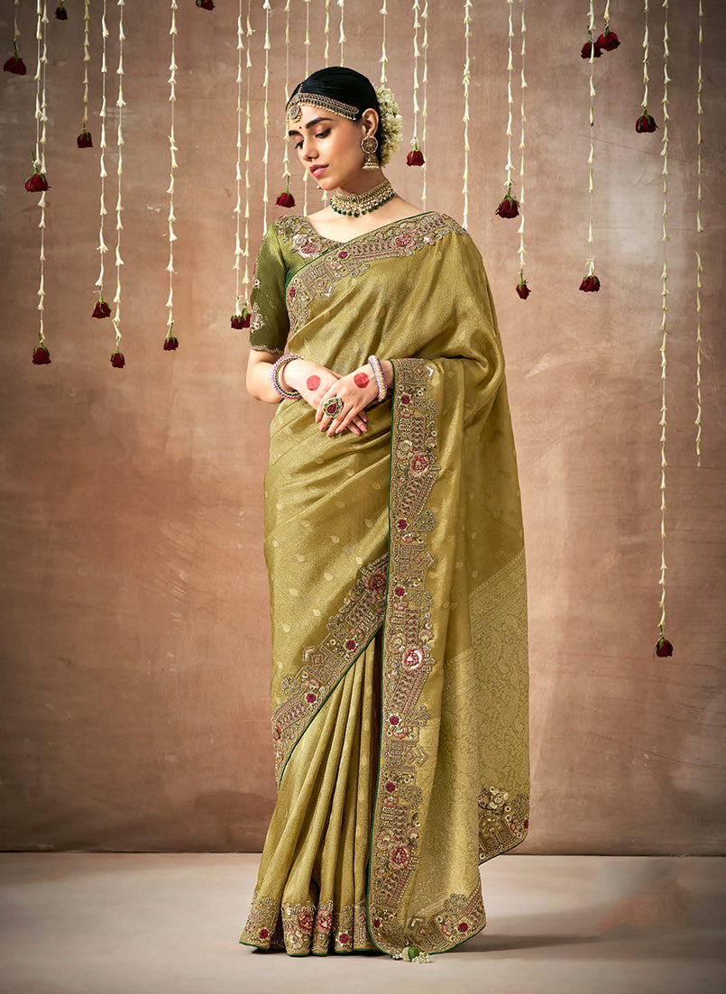 Mehendi Green Organza Silk Embroidered Wedding Saree