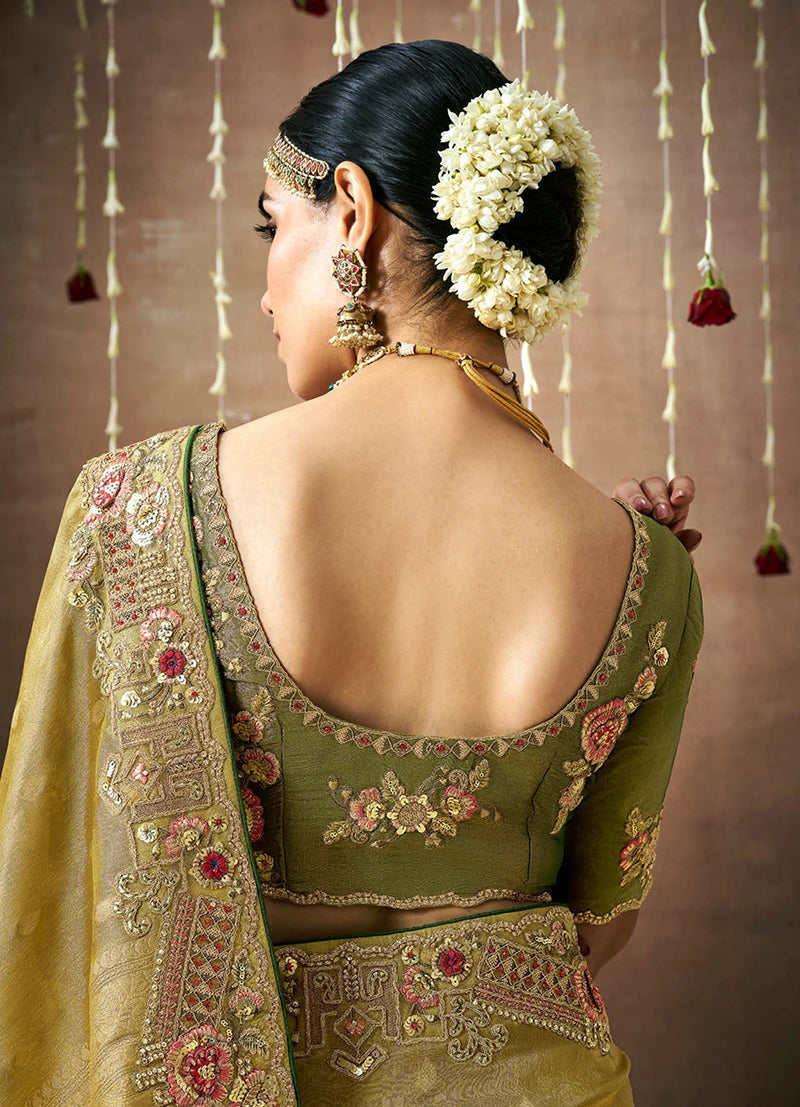 Mehendi Green Organza Silk Embroidered Wedding Saree