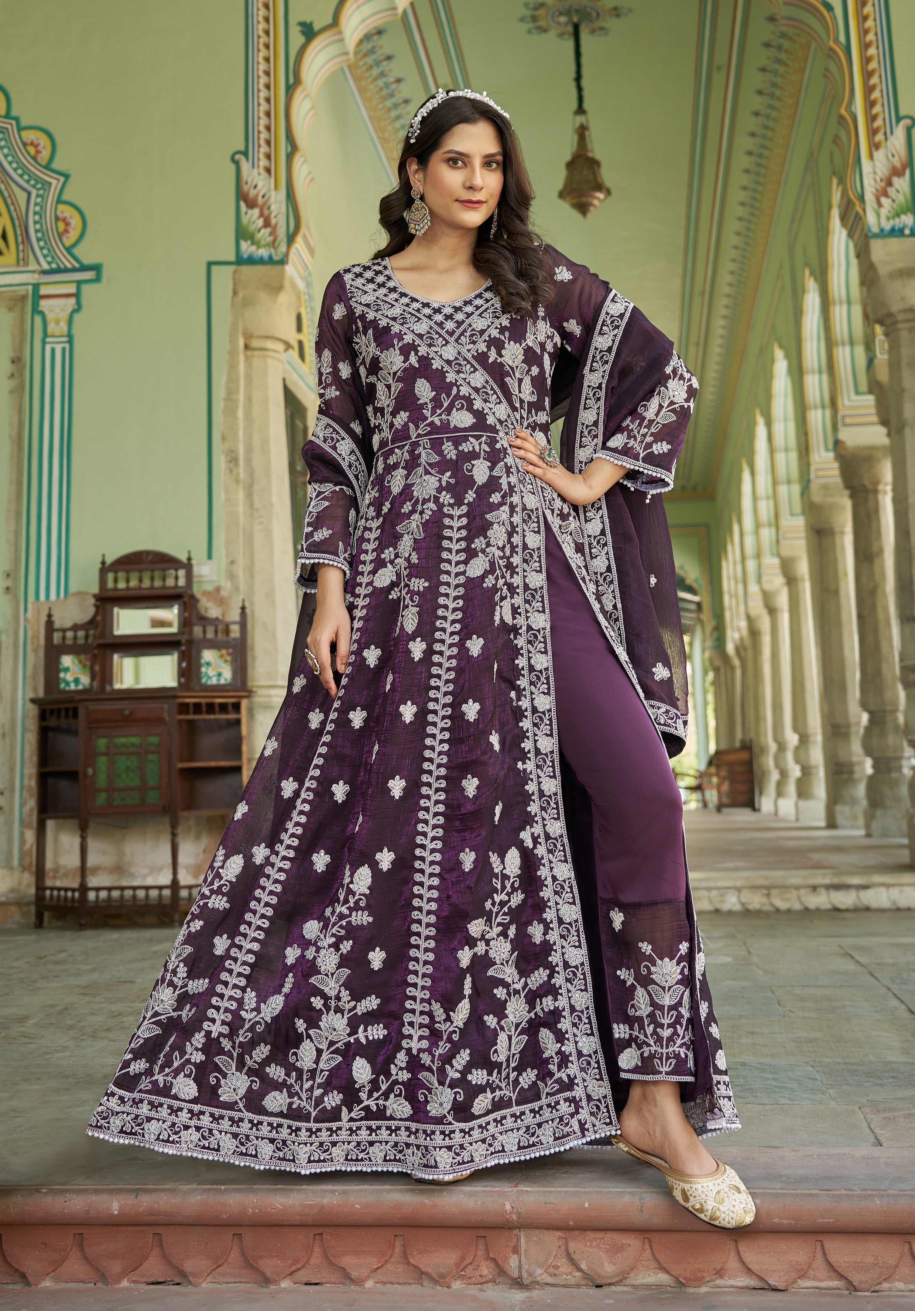 Purple Fancy Crunchy Slit Style Lehenga Pant Style Anarkali Suit