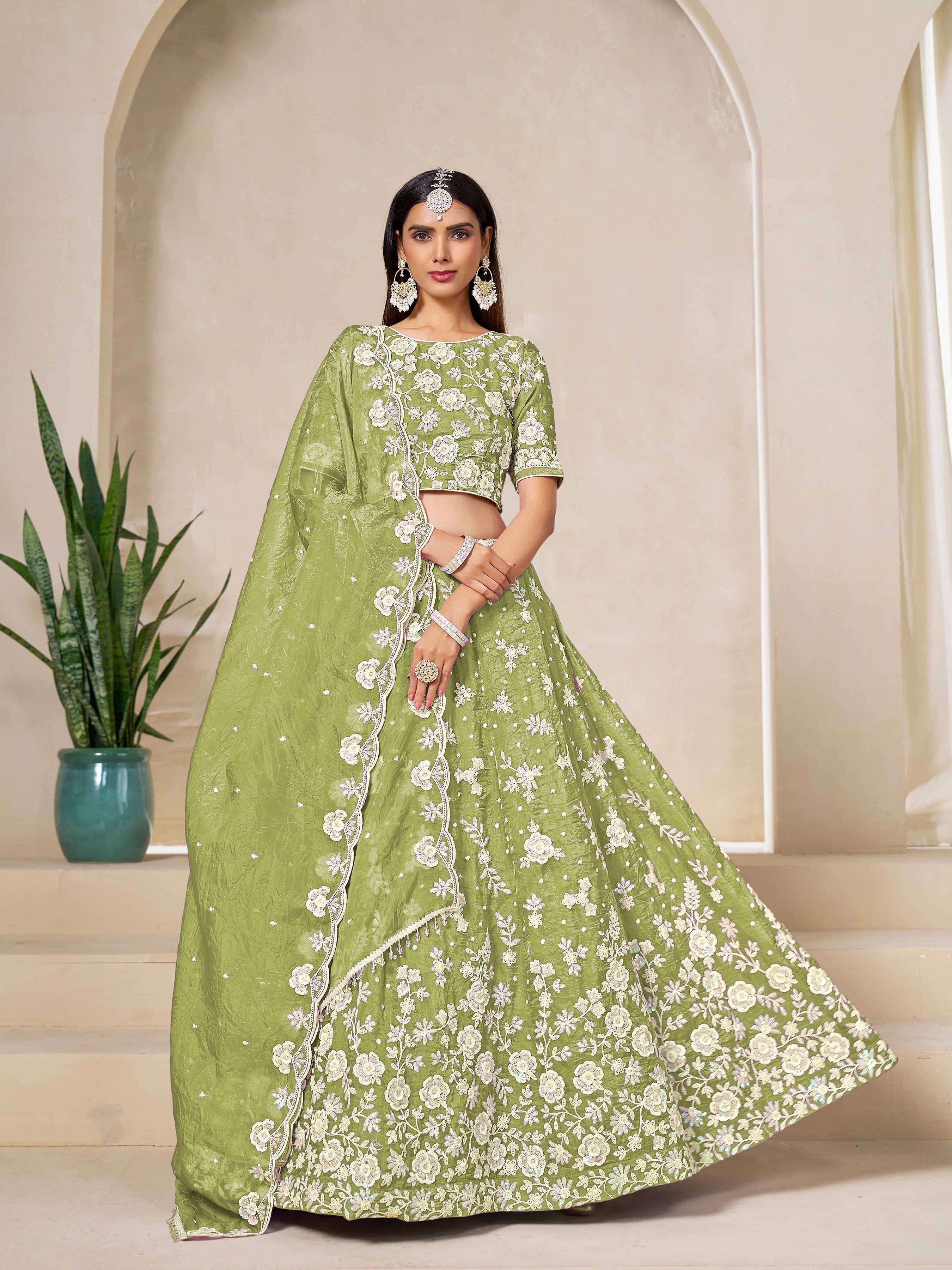Light Olive Embroidered Crush Organza Lehenga Choli