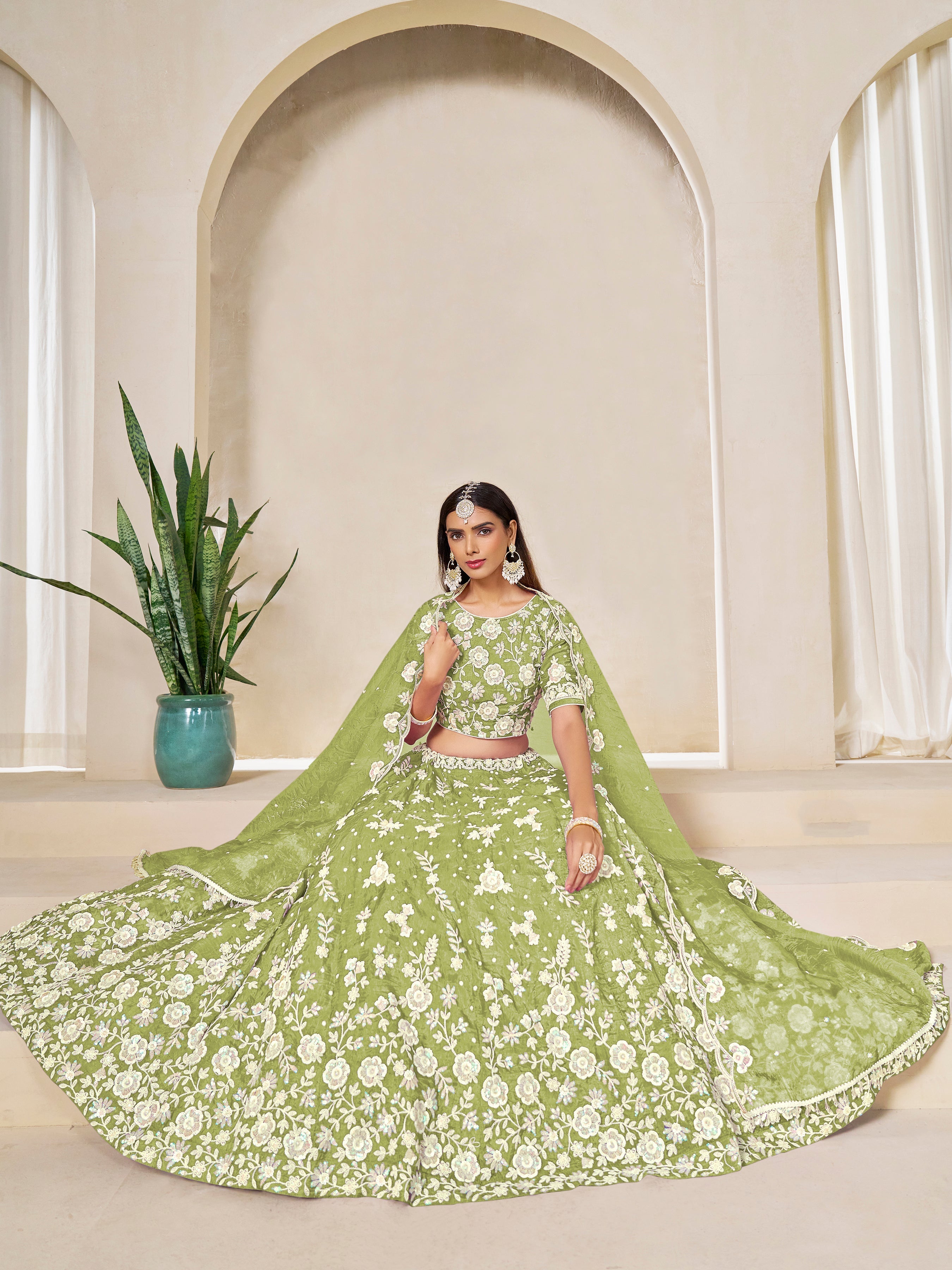 Light Olive Embroidered Crush Organza Lehenga Choli