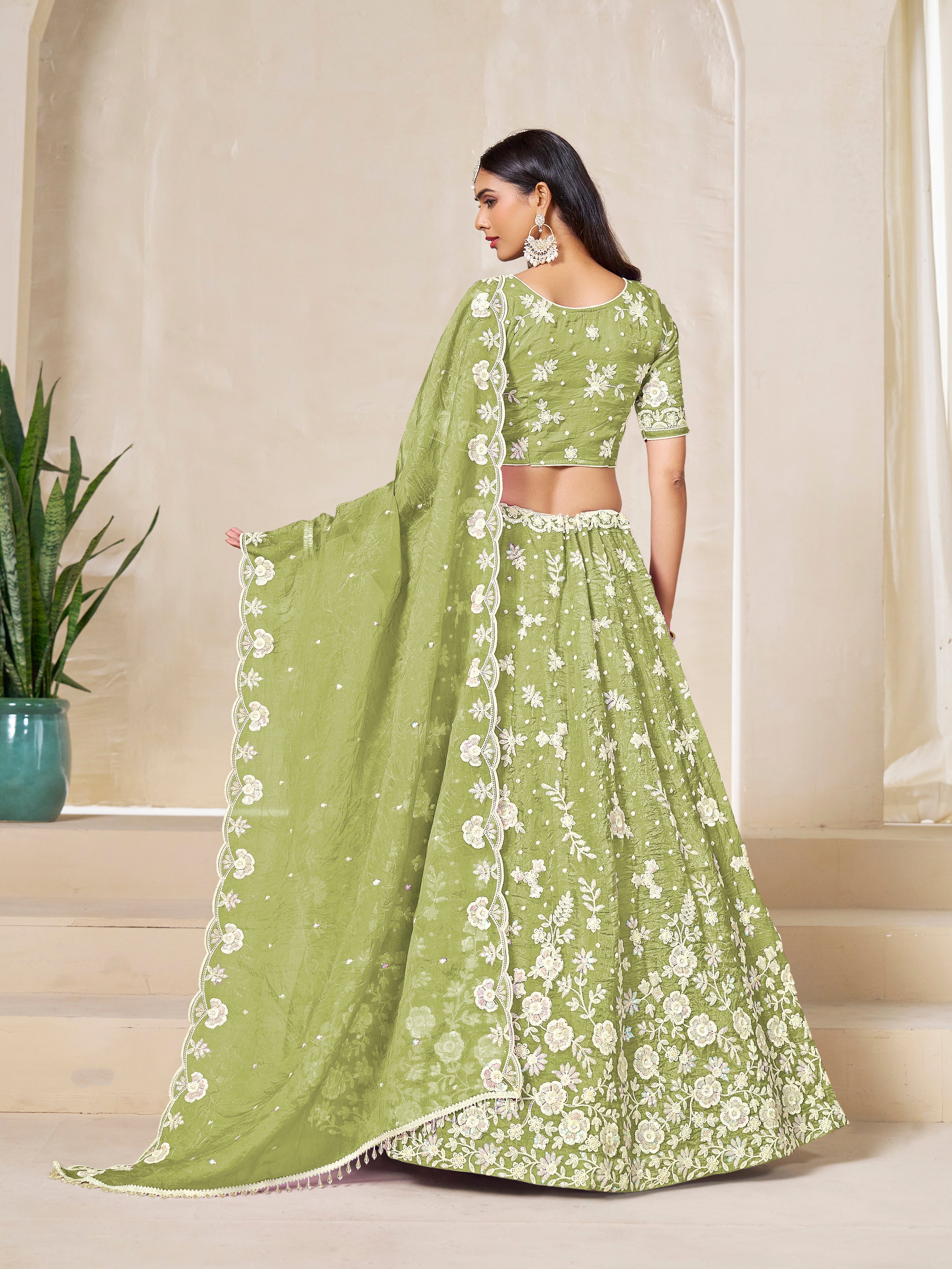 Light Olive Embroidered Crush Organza Lehenga Choli