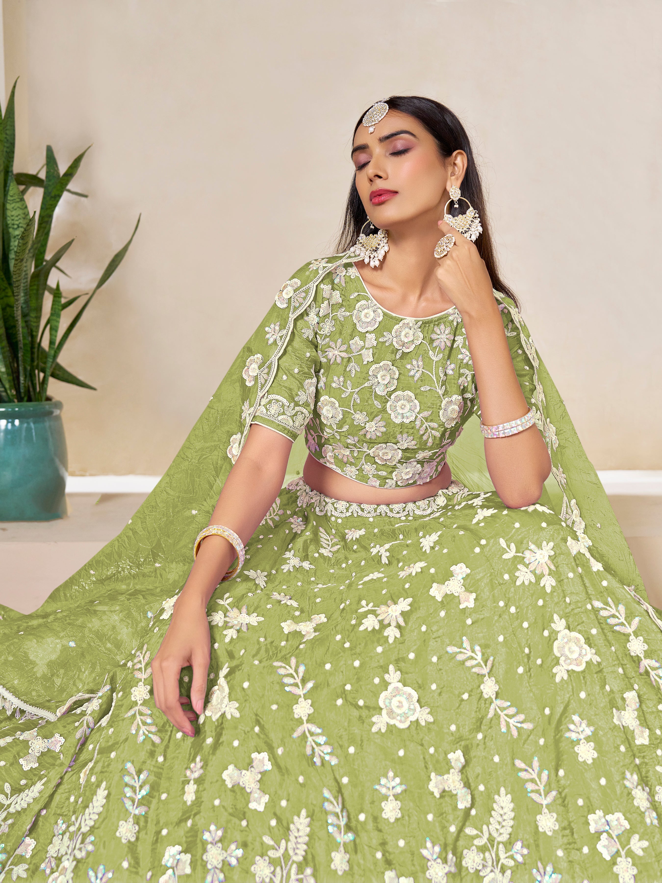 Light Olive Embroidered Crush Organza Lehenga Choli