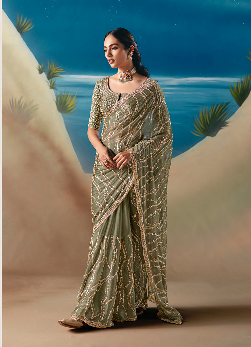 Light Olive Premium Fancy Fabric With Designer Embroidery Sequence Work Saree