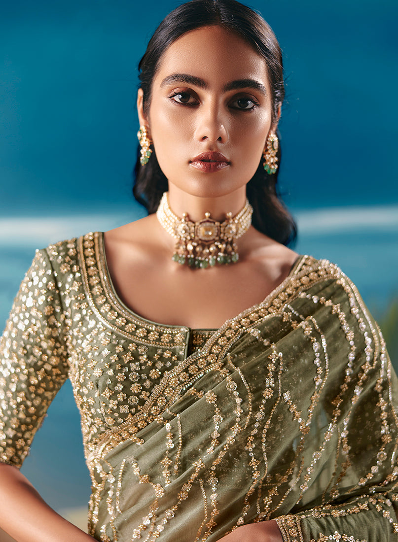 Light Olive Premium Fancy Fabric With Designer Embroidery Sequence Work Saree