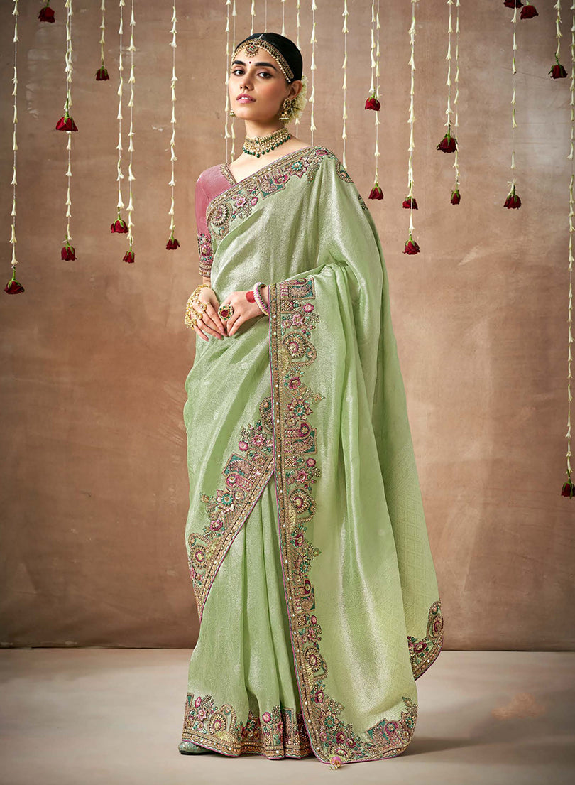 Light Green Organza Silk Embroidered Wedding Saree