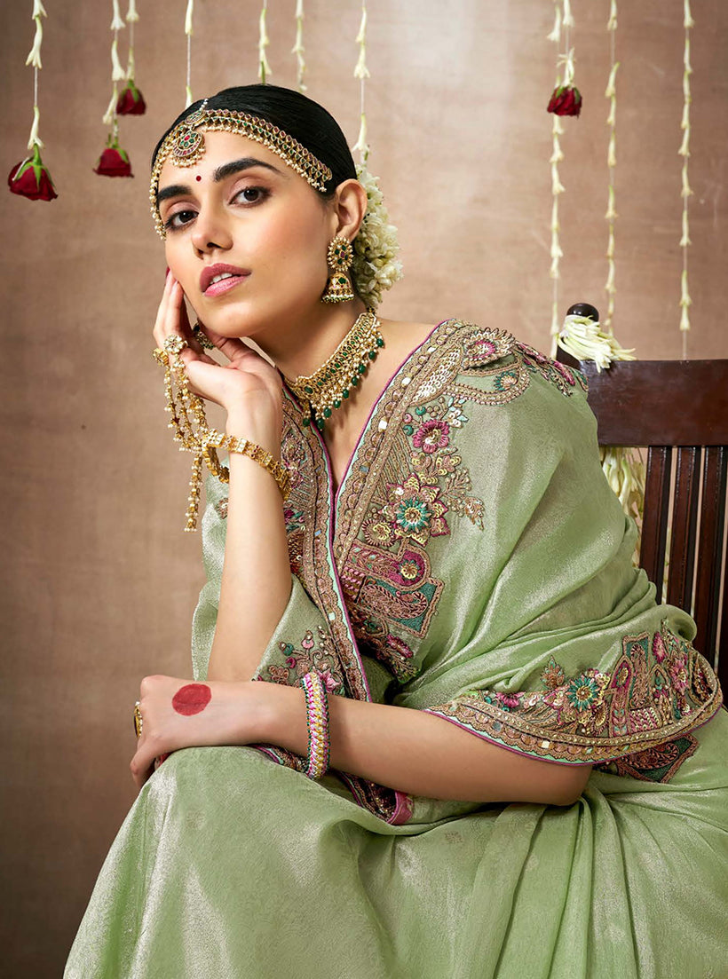 Light Green Organza Silk Embroidered Wedding Saree