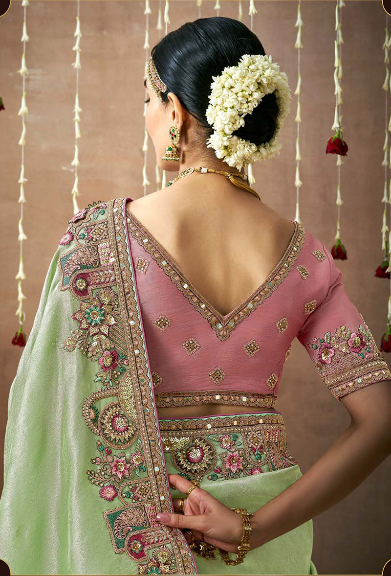 Light Green Organza Silk Embroidered Wedding Saree