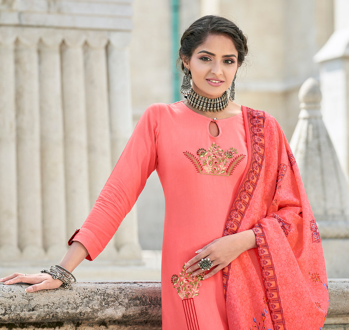 Peach Rayon Cotton Embroidered Trendy Salwar Suit