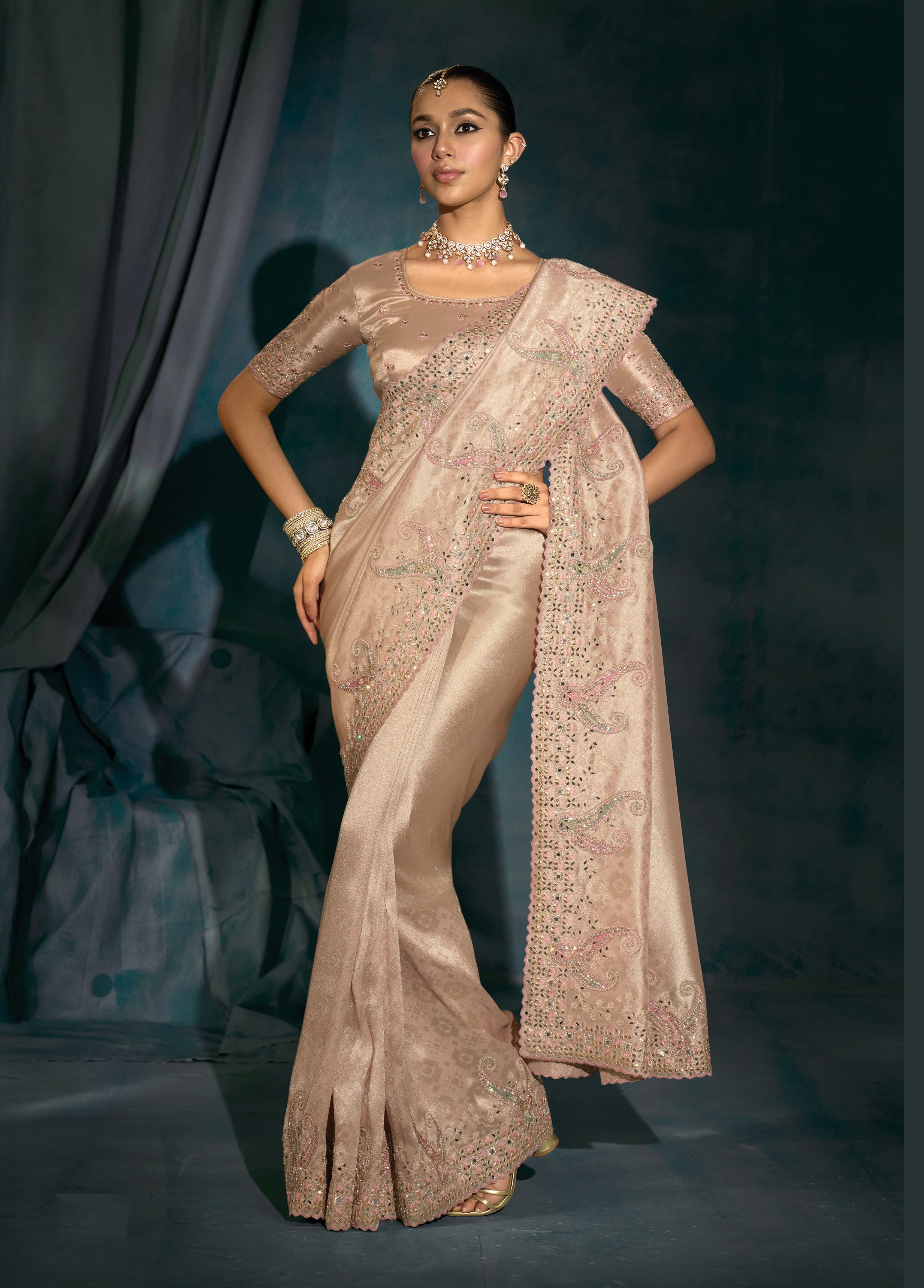 Light Peach Silk Beautifull Border Saree With Thread, Moti Zarkan Work