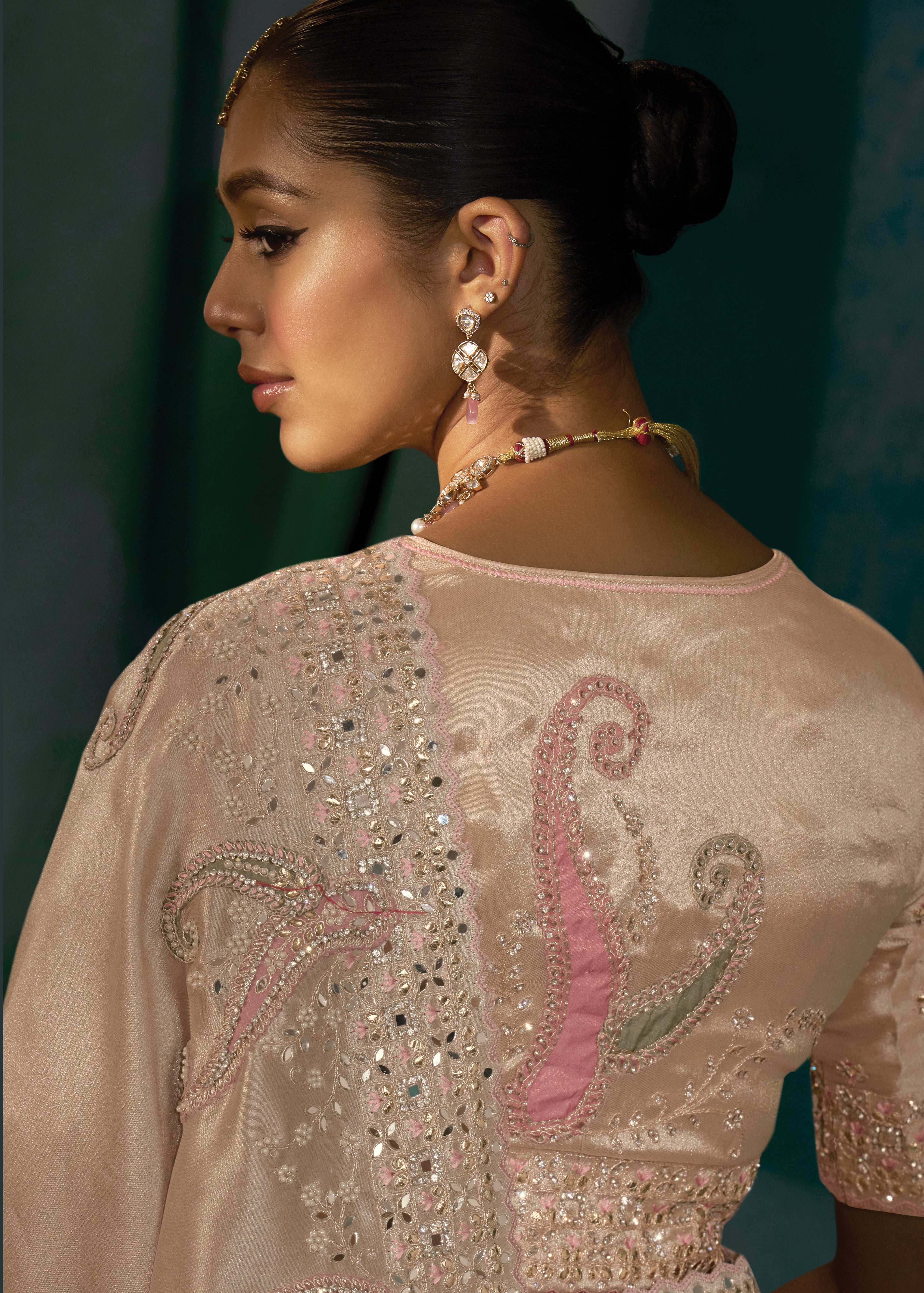 Light Peach Silk Beautifull Border Saree With Thread, Moti Zarkan Work