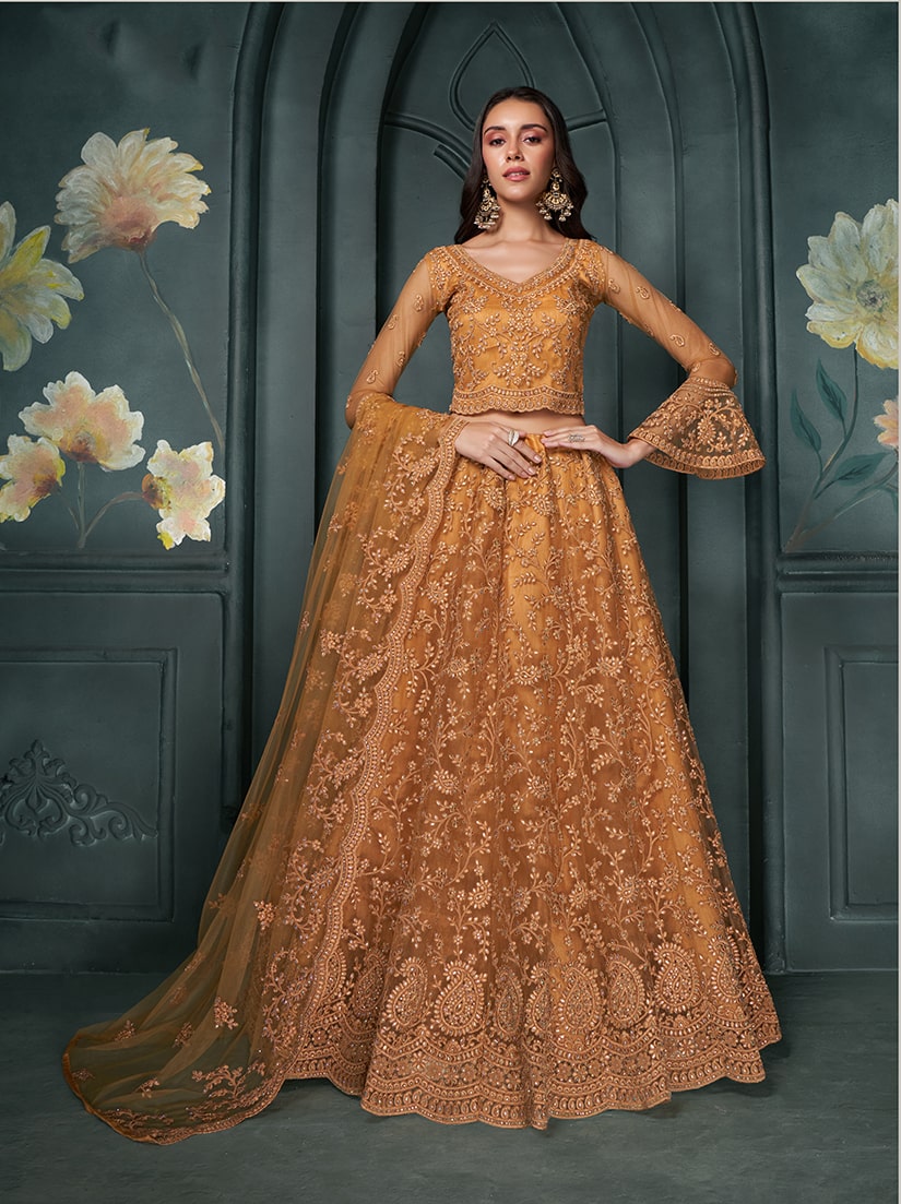 Rust Embroidered Net Designer Bridal Lehenga Choli