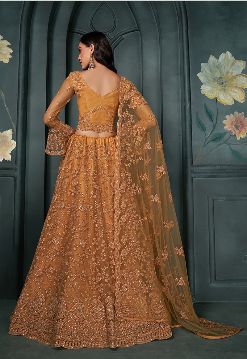 Rust Embroidered Net Designer Bridal Lehenga Choli