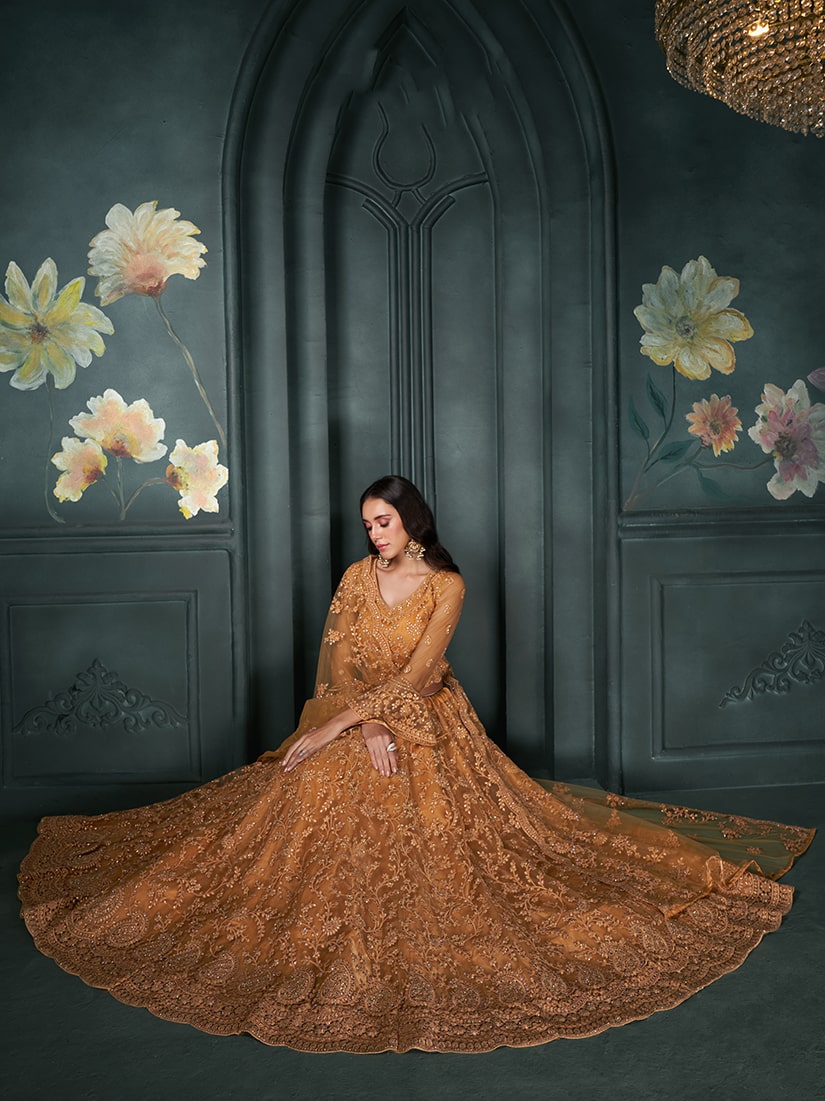 Rust Embroidered Net Designer Bridal Lehenga Choli