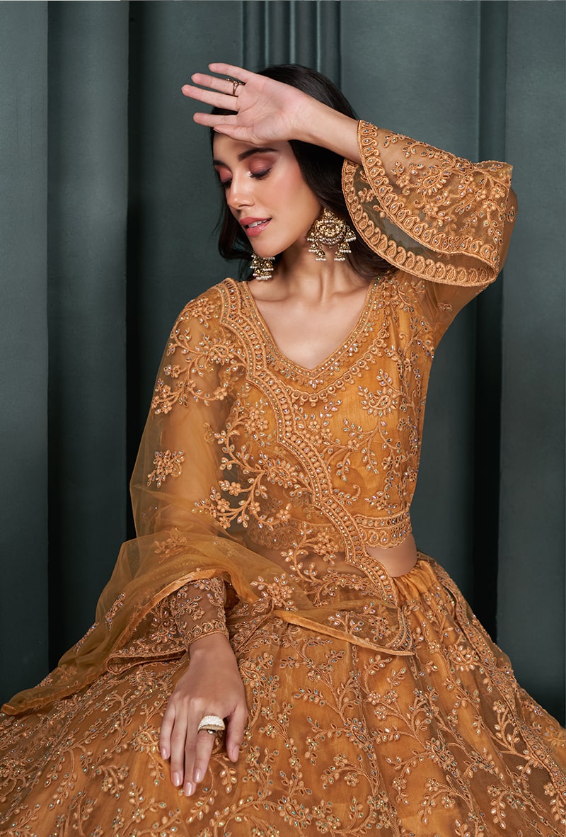 Rust Embroidered Net Designer Bridal Lehenga Choli
