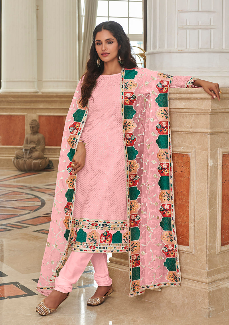 Light Pink Georgette Embroidered Churidar Salwar Suit