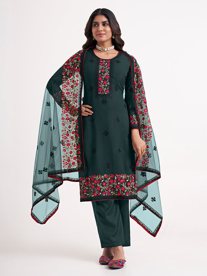 Teal Green Georgette Embroidered Straight Fit Salwar Suit