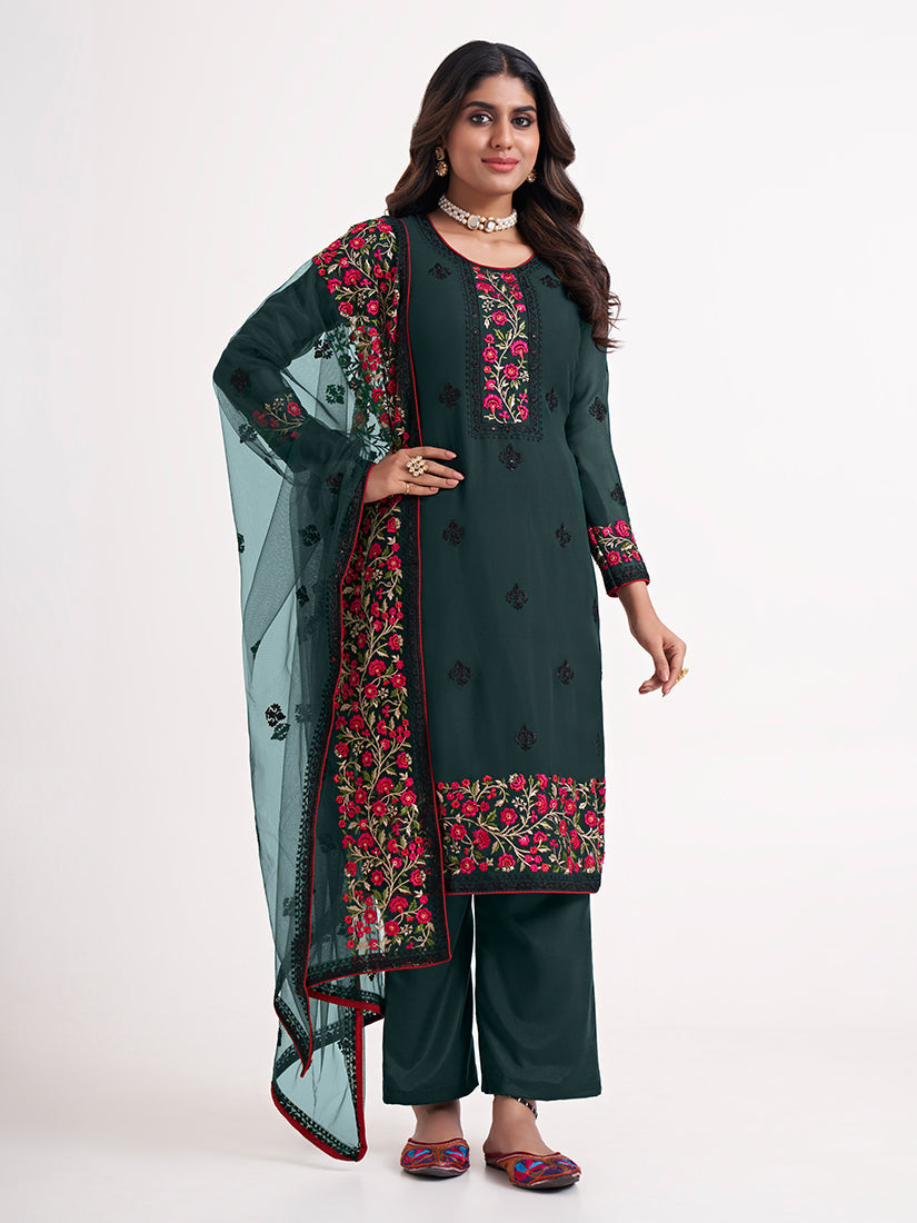 Teal Green Georgette Embroidered Straight Fit Salwar Suit
