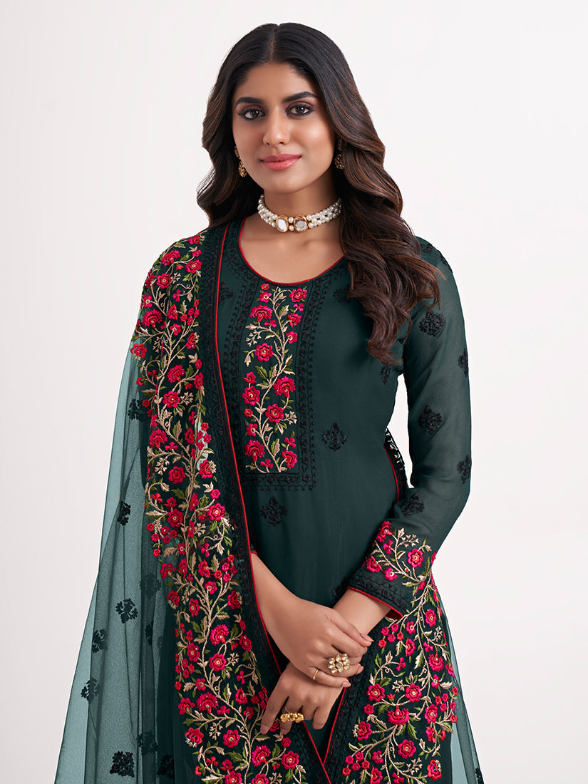 Teal Green Georgette Embroidered Straight Fit Salwar Suit