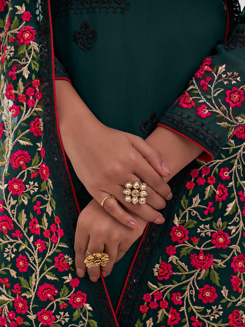 Teal Green Georgette Embroidered Straight Fit Salwar Suit