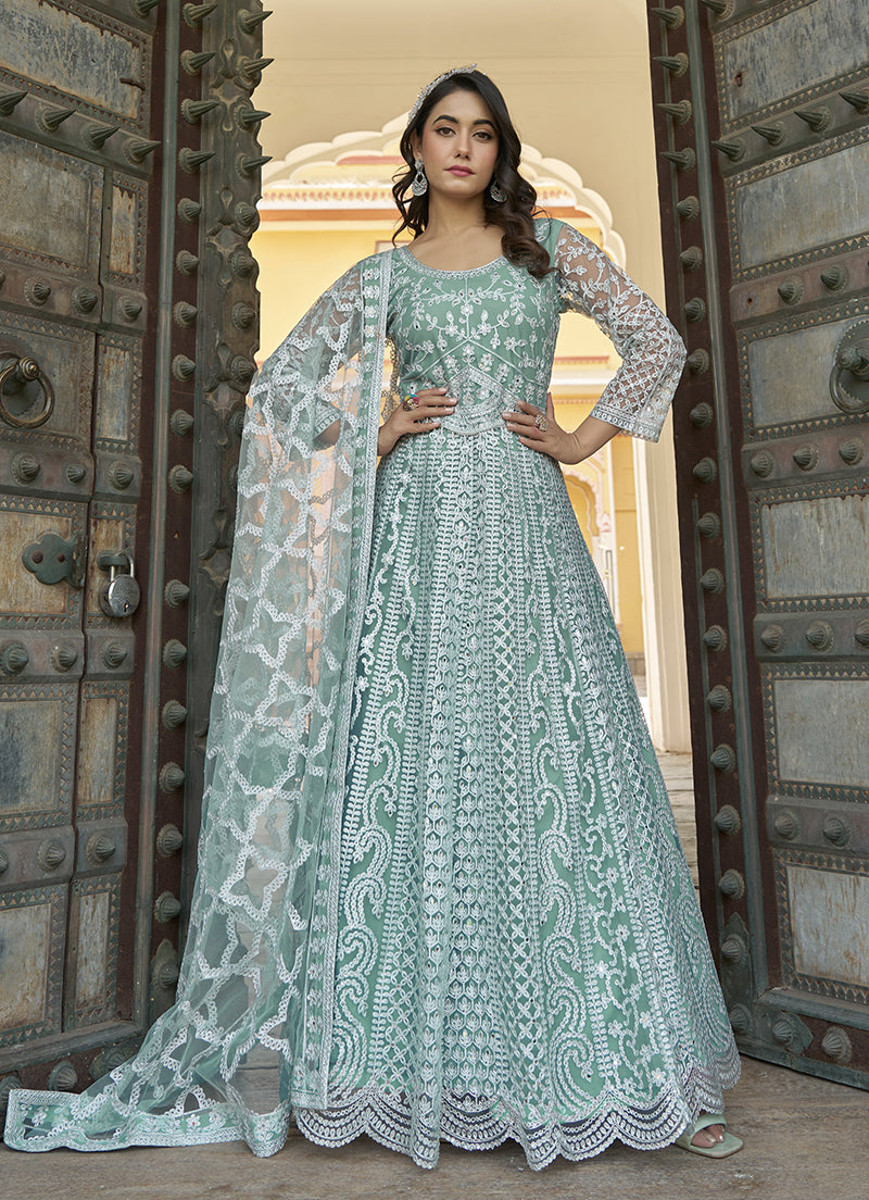 Aqua Blue Butterfly Net Embroidered Reception Wear Anarkali Gown