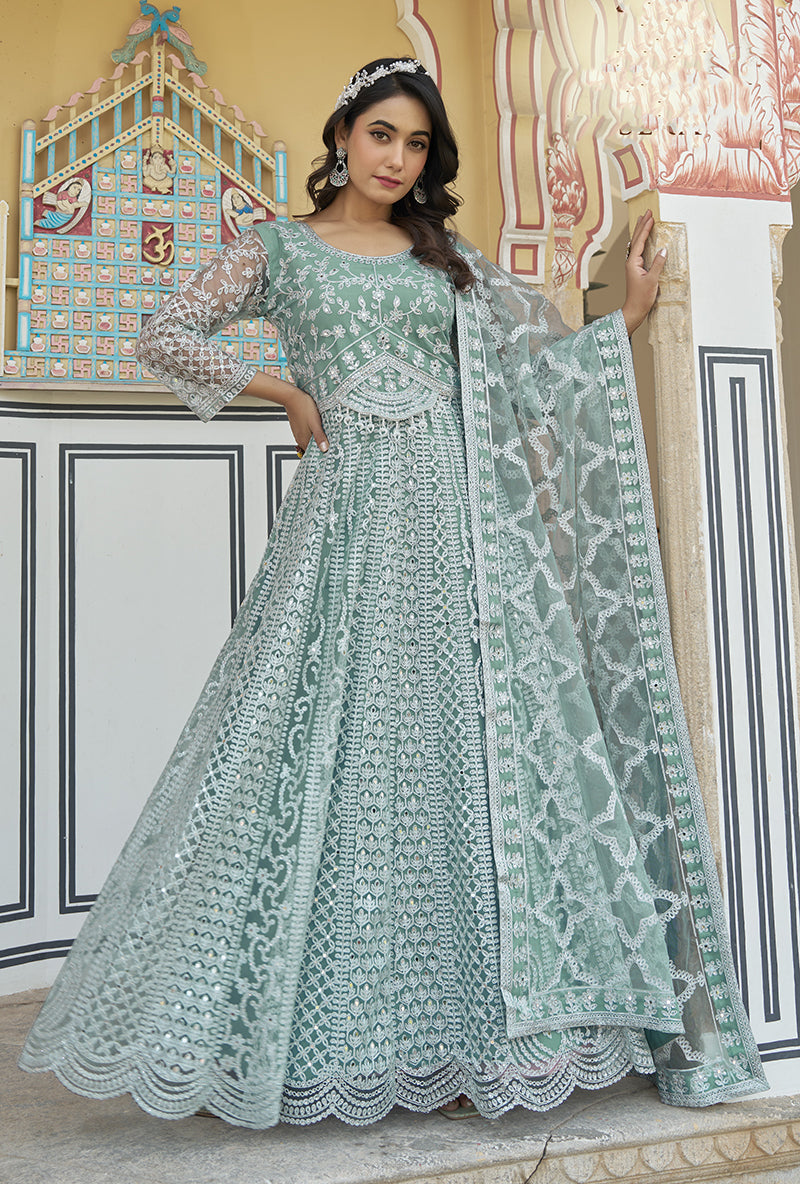 Aqua Blue Butterfly Net Embroidered Reception Wear Anarkali Gown