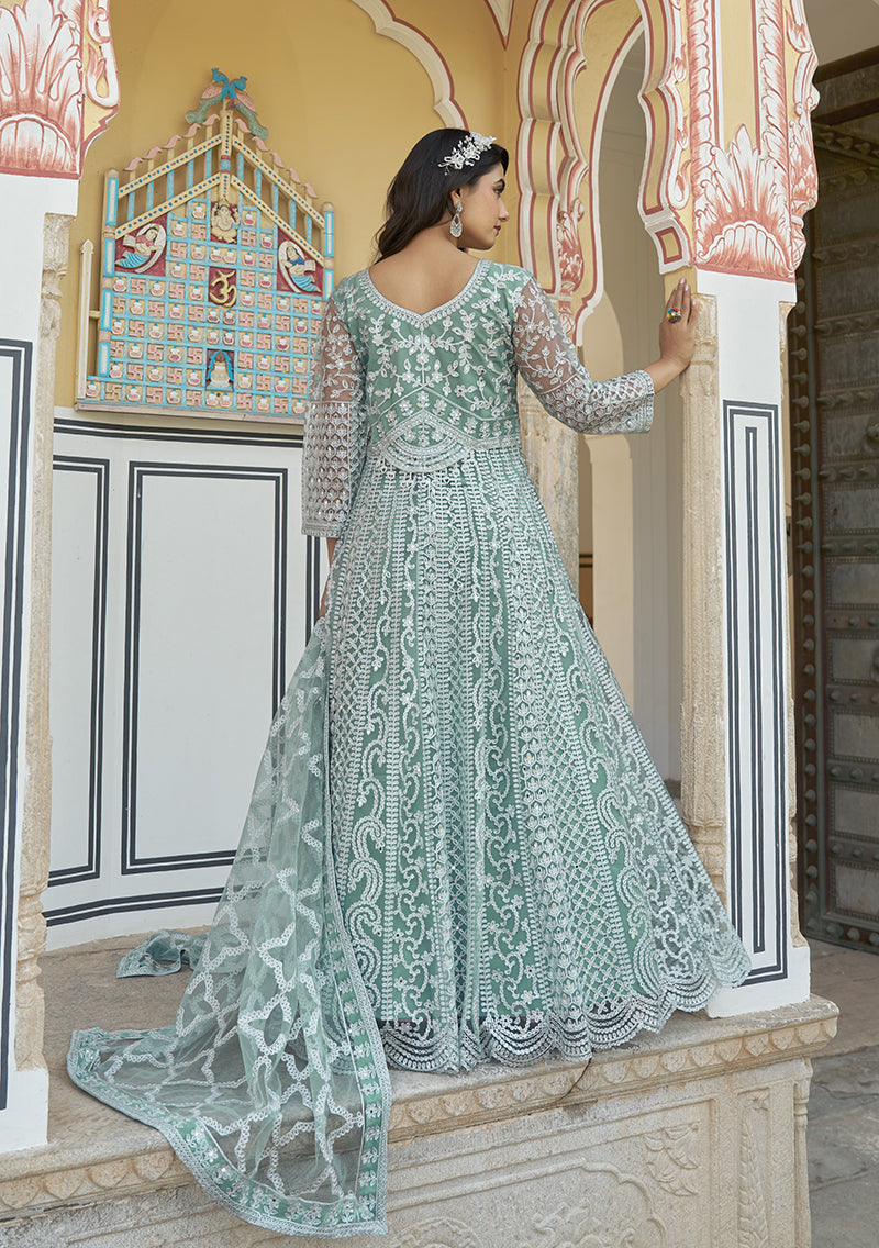 Aqua Blue Butterfly Net Embroidered Reception Wear Anarkali Gown