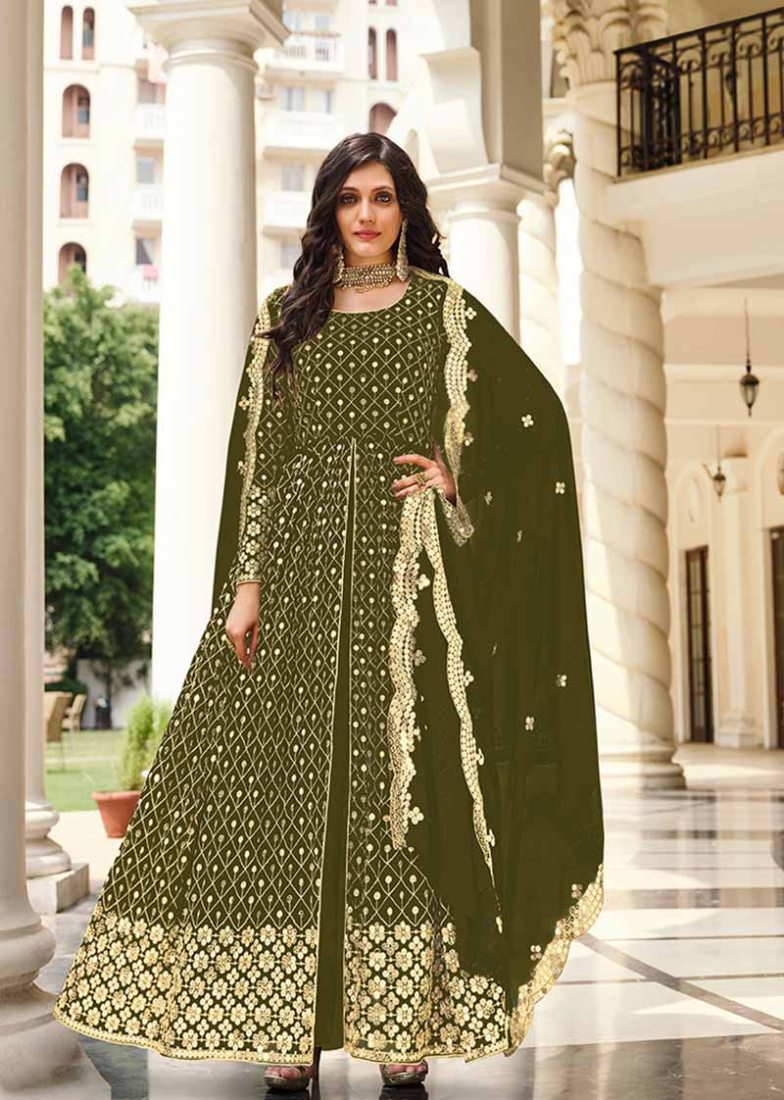 Mehendi Green Georgette Embroidered Anarkali Salwar Kameez