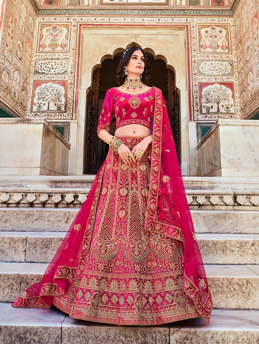 Rani Pink Velvet Embroidered Wedding Lehenga Choli