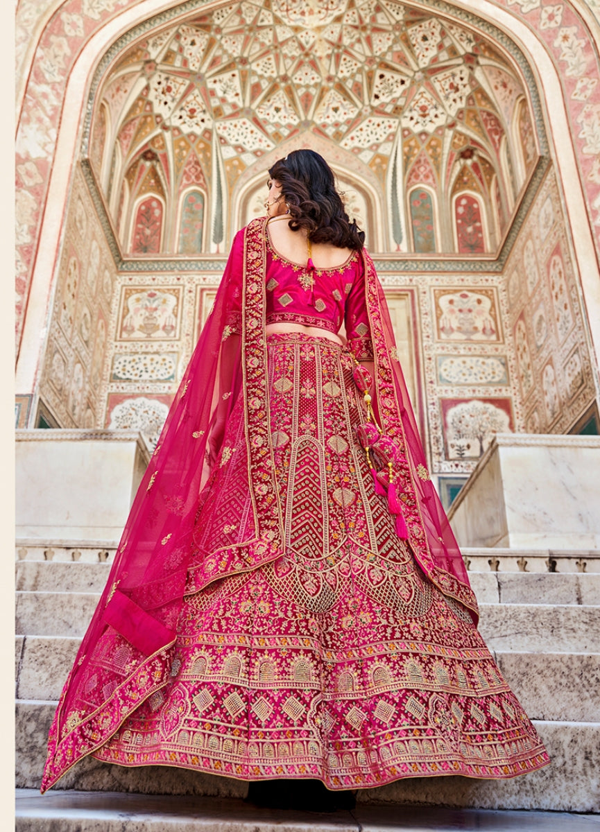 Rani Pink Velvet Embroidered Wedding Lehenga Choli