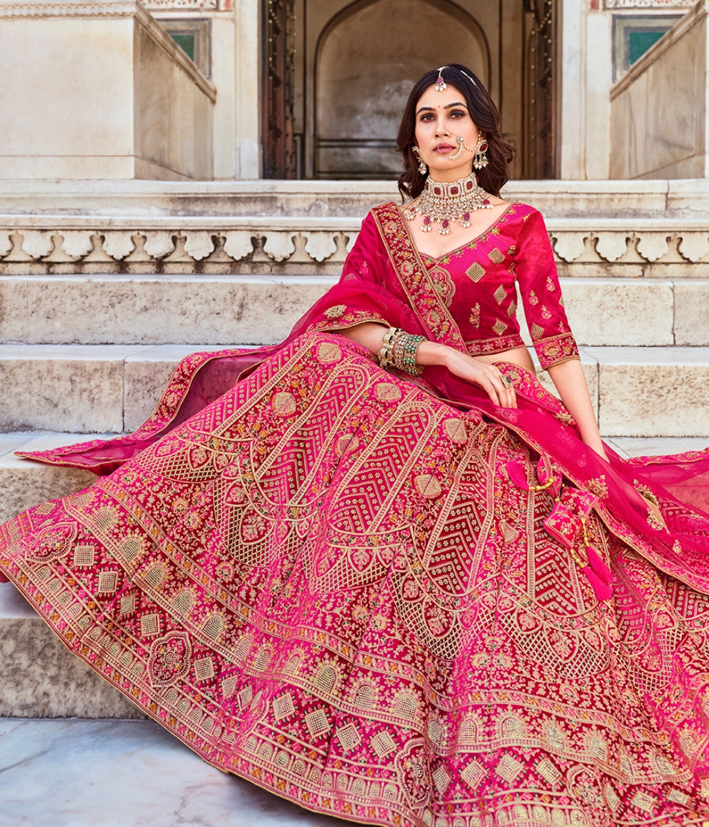 Rani Pink Velvet Embroidered Wedding Lehenga Choli